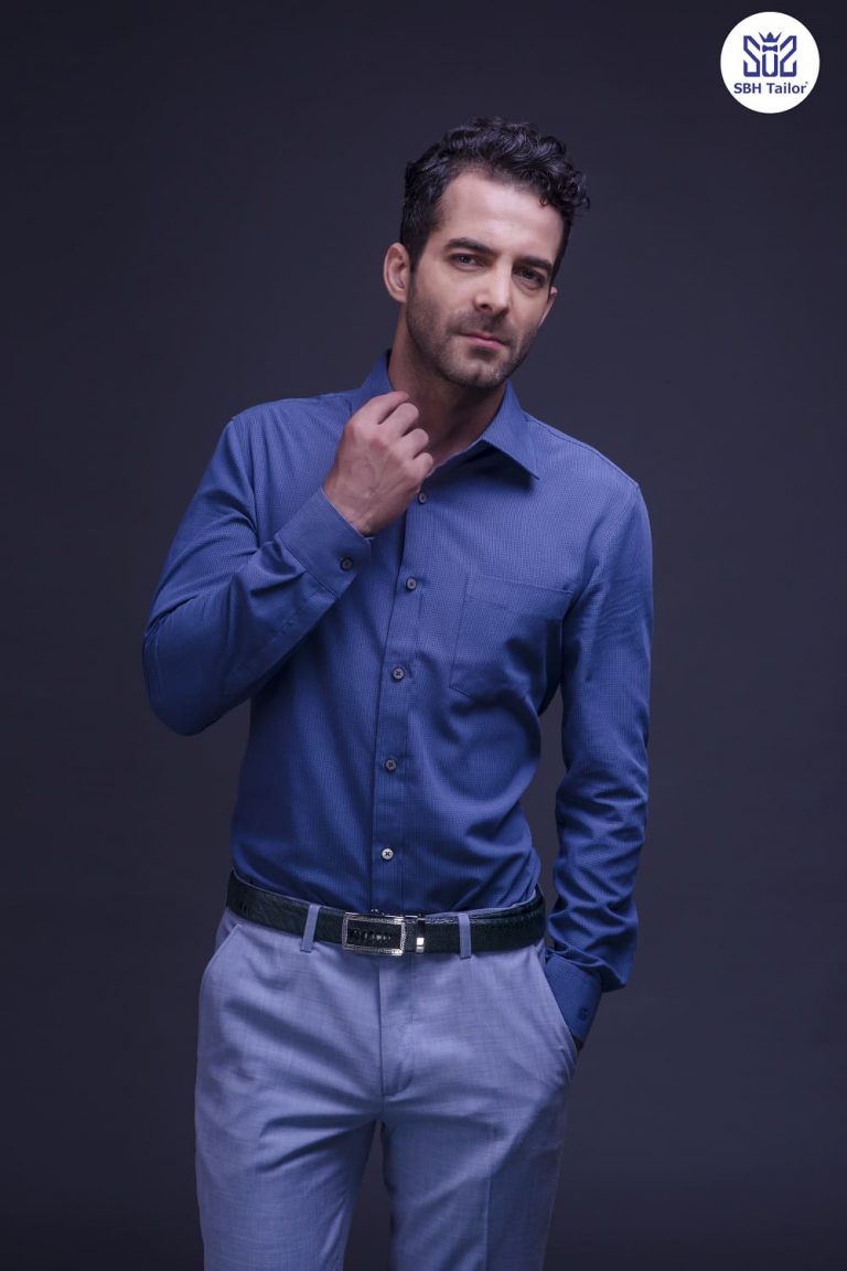 Áo sơ mi nam xanh đậm may đo tại SBH Tailor