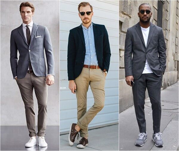 Phối quần âu và blazer với giày thể thao tối giản theo phong cách smart casual