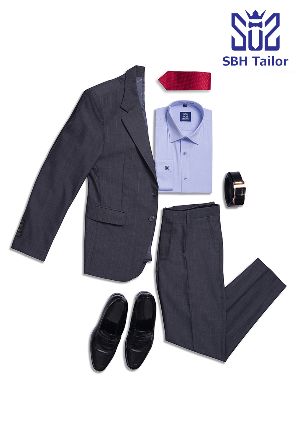 Bộ suit nam xám than kẻ ô SBH Tailor phối sơ mi xanh nhạt, cà vạt đỏ, thắt lưng và giày lười đen