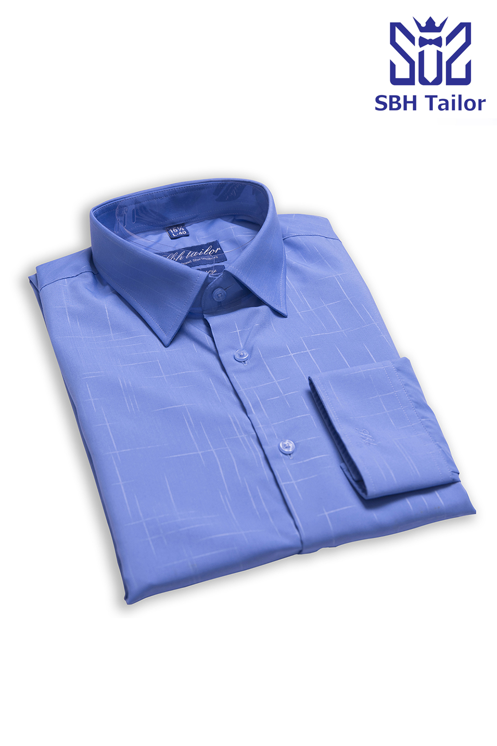 Áo sơ mi nam màu xanh gấp gọn của SBH Tailor, vải họa tiết caro chìm