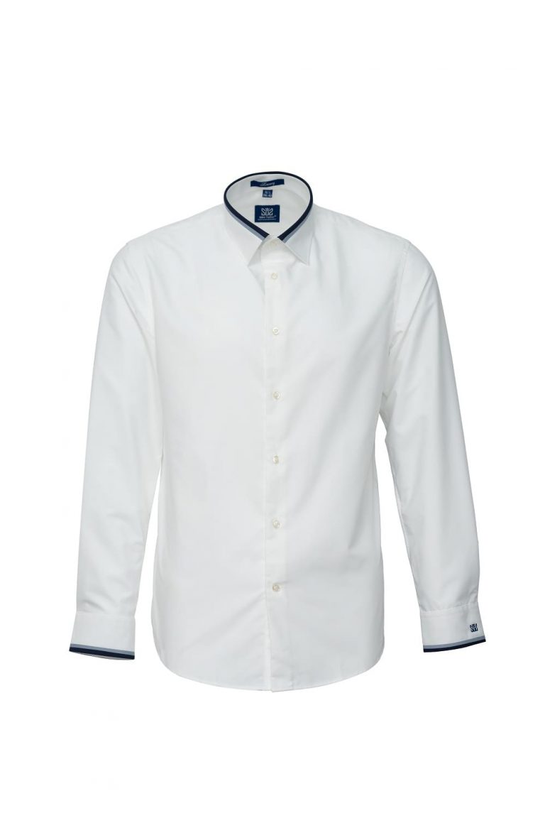 Áo sơ mi nam trắng trơn viền cổ và măng-sét xanh navy, tối giản mà tinh tế