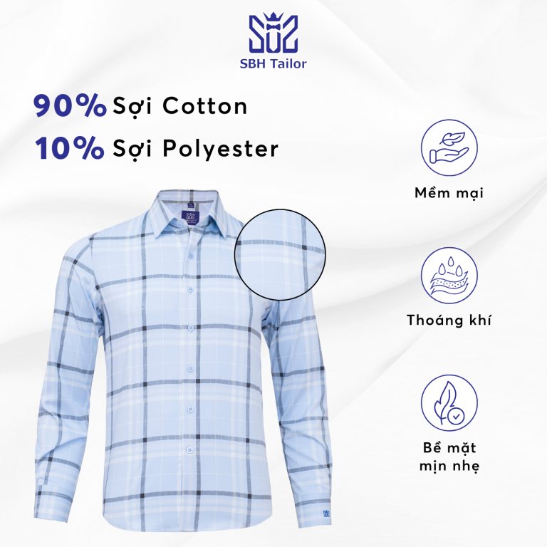 Áo sơ mi nam dài tay SBH Tailor hoạ tiết kẻ xanh, chất cotton pha polyester, cổ đứng — ảnh 2
