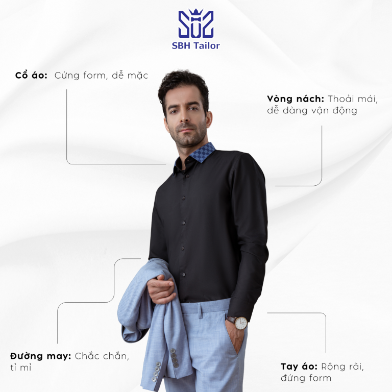 Áo sơ mi nam dài tay SBH Tailor đen pha bản cổ, chất cotton, cổ đứng — ảnh 4
