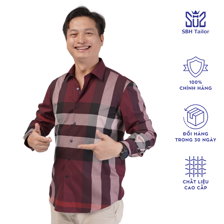Áo sơ mi nam dài tay SBH Tailor kẻ caro đỏ nâu, chất cotton, cổ đứng