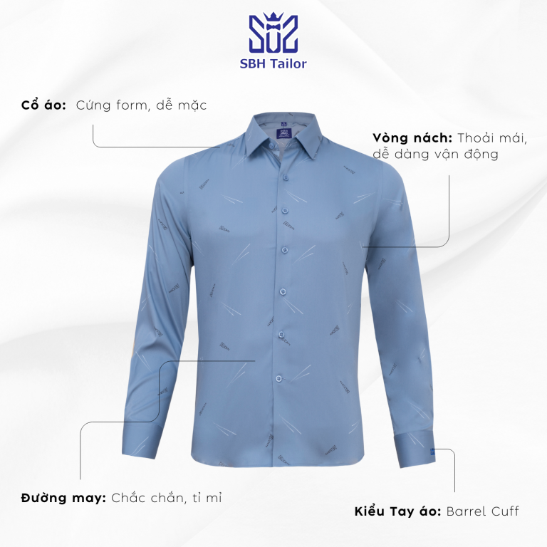 Áo sơ mi nam dài tay SBH Tailor hoạ tiết xanh đậm, chất cotton pha polyester, cổ đứng — ảnh 4